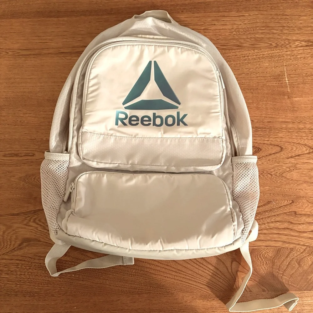 Reebok Adult Laptop Paige Backpack Iridescent Logo, Pumice Stone, Tan Cream Zip